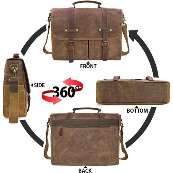 Men's Brown Leather Messenger Bag Waterproof Vintage Briefcase Large Laptop Bag - Picture 3 of 7